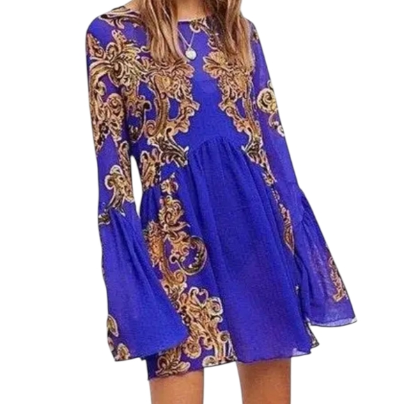 Intimately Free People Bell Sleeve Swing Dress  Royal Purple Scrolls - Picture 6 of 11